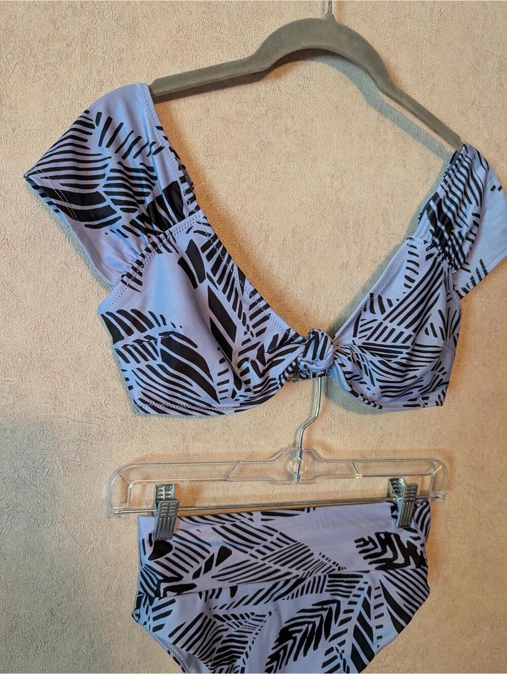 AERIE blue black palm leaf printed short sleeve bikini sz S - Picture 4 of 8